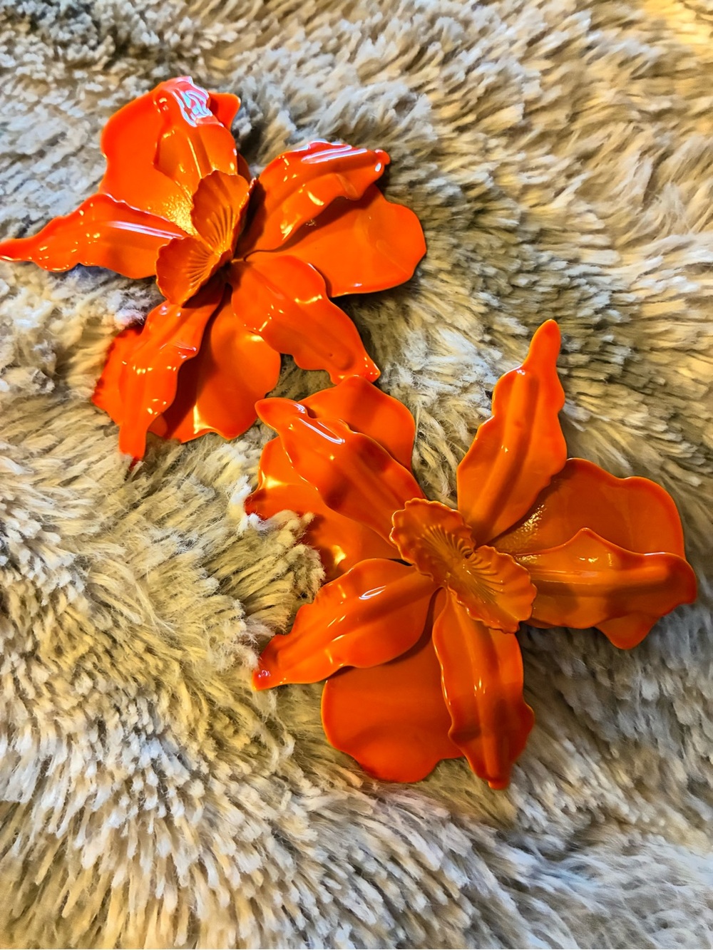 Orange Floral Wall pierced earrings- large statement earrings.